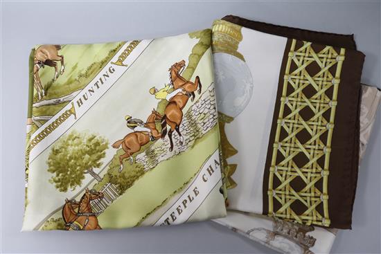 A Hermes, Paris Sportsmen silk scarf by Philippe Ledoux, 1973 and another, Feux de Route by Caty Latham, 1971,